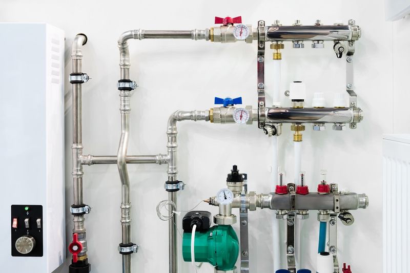 Промышленная концепция клапанов, трубок, манометров, термометров и нагревателей.