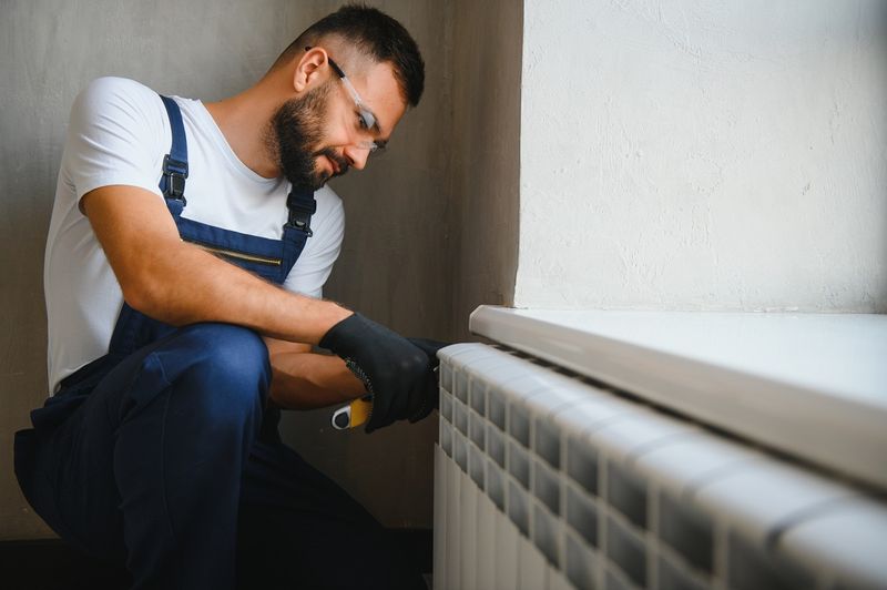 Сантехник чинит радиатор.